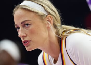 Sophie Cunningham, a guard for the WNBA's Indiana Fever and an outspoken defender of women's only sports, is pictured in a July 9 file photo from a game against the Phoenix Mercury.