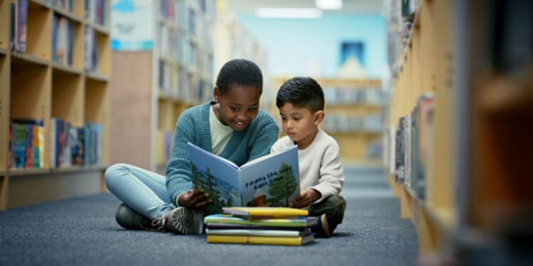 Children sit on the floor of a library as they read fairy tale books together.