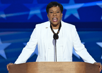 WASHINGTON - AUGUST 22: Becky Pringle, President of the National Education Association, speaks during the final night of the 2024 Democratic National Convention in Chicago on Thursday, August 22, 2024. (Bill Clark/CQ-Roll Call, Inc via Getty Images)