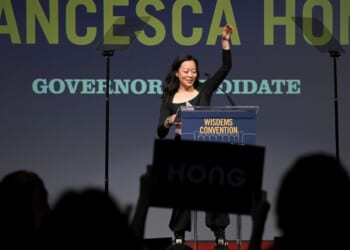 Wisconsin Gubernatorial candidate Francesca Hong speaks on stage at the Wisconsin Democrats 2026 Convention on June 14, 2026 in Madison, Wisconsin.