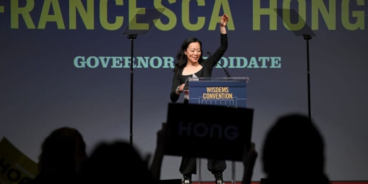 Wisconsin Gubernatorial candidate Francesca Hong speaks on stage at the Wisconsin Democrats 2026 Convention on June 14, 2026 in Madison, Wisconsin.