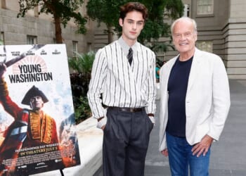 Actors William Franklyn-Miller, left, and Kelsey Grammer attend the "Young Washington" screening June 25 at the National Portrait Gallery in Washington, D.C.