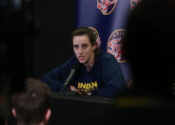 Indiana Fever guard Caitlin Clark answers questions at a media conference in Carver-Hawkeye Arena on March 4, 2025 in Iowa City, Iowa.