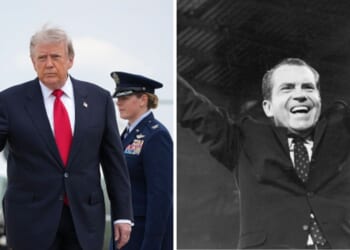 President Donald Trump, left, walks away from Marine One on July 27, 2026. President Richard Millhouse Nixon, right, flashes the peace sign at the RNC Convention in Miami, Florida on August, 1968.