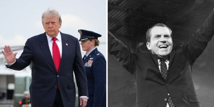 President Donald Trump, left, walks away from Marine One on July 27, 2026. President Richard Millhouse Nixon, right, flashes the peace sign at the RNC Convention in Miami, Florida on August, 1968.