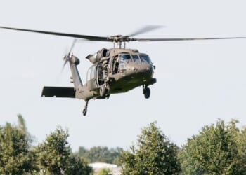 A U.S. Air Force Sikorsky UH-60 Black Hawk from the 101st Airborne Division arrives at the scene of an air attack demonstration commemorating Operation Market Garden in the Netherlands.