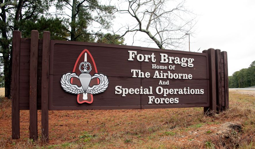 A sign at Fort Bragg, N.C., is seen, Jan. 4, 2020. (AP Photo/Chris Seward, File)