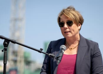 Massachusetts Gov. Maura Healey speaks to commemorate the 10th anniversary of the Frates Foundation Ice Bucket Challenge on Aug. 1, 2024, at Fenway Park in Boston, Massachusetts.