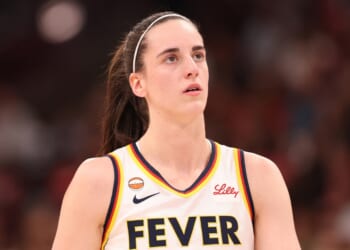 Caitlin Clark of the Indiana Fever reacts against the Chicago Sky during the first half at United Center on Aug. 8, 2026, in Chicago, Illinois.