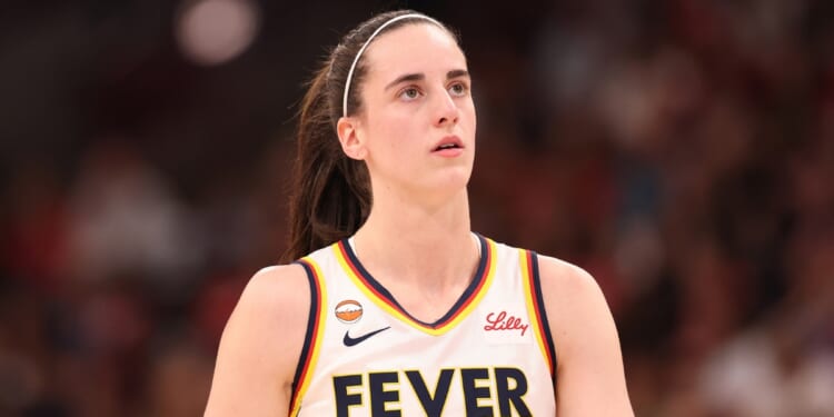 Caitlin Clark of the Indiana Fever reacts against the Chicago Sky during the first half at United Center on Aug. 8, 2026, in Chicago, Illinois.