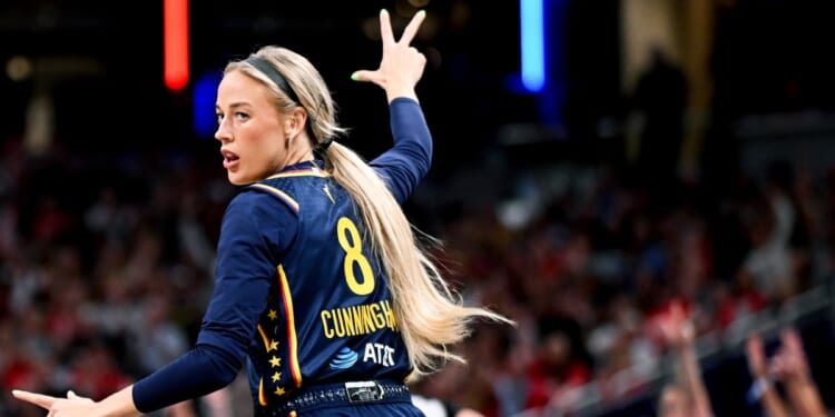 Sophie Cunningham of the Indiana Fever reacts against the New York Liberty during the first half at Gainbridge Fieldhouse on July 18, 2026, in Indianapolis, Indiana.
