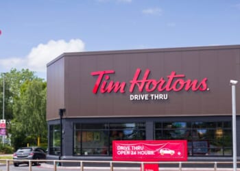 The exterior of Tim Hortons Drive Thru coffeehouse and restaurant in London, England, on July 10, 2024.