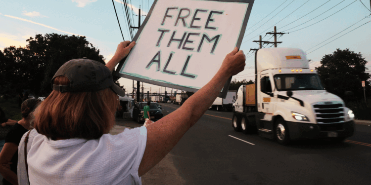 Protesters gather outside the Delaney Hall Detention Facility , where ICE is housing detained immigrants, on August 4, 2026, in Newark, New Jersey. The demand for a shutdown continues after El Salvadoran immigrant Edwin Lopez-Cornejo died on August 1st while in custody at the facility. He was the 22nd person to die in ICE custody this year. (Photo by Spencer Platt/Getty Images)