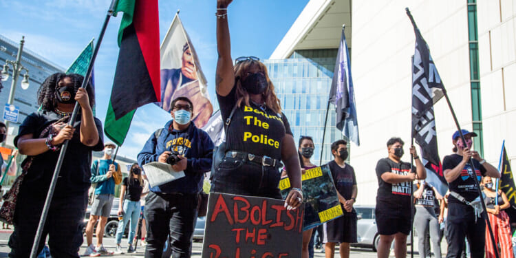 A group of people protest outdoors. One woman stands in front, raising her fist and holding a sign that says Abolish the Police. Many wear masks and hold flags.