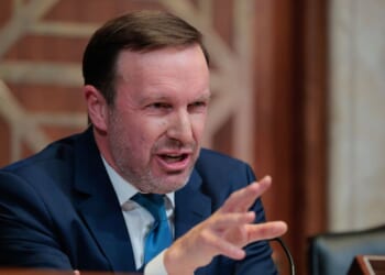Senate Appropriations Subcommittee on the Department of Homeland Security ranking member Sen. Chris Murphy questions Secretary of Homeland Security Markwayne Mullin during a hearing in the Dirksen Senate Office Building on Capitol Hill on June 2, 2026, in Washington, D.C.