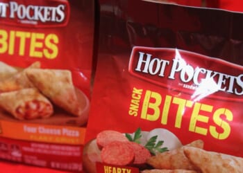 Hot Pocket Bites can be pictured from a red table.