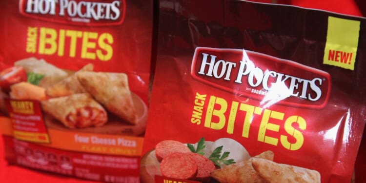 Hot Pocket Bites can be pictured from a red table.