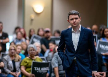 James Talarico, Democratic Senatorial candidate, stands looking defeated with a crowd on July 13, 2026 in Eagle Pass, Texas.