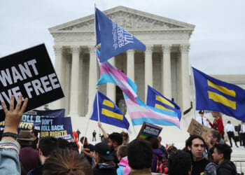 A new document suggests a parental-rights strategy from the LGBTQ movement. Pictured: a crowd protests outside a large government building, holding signs and waving flags, including a transgender pride flag and Human Rights Campaign flags. One sign reads, WE WANT TO LIVE FREE..