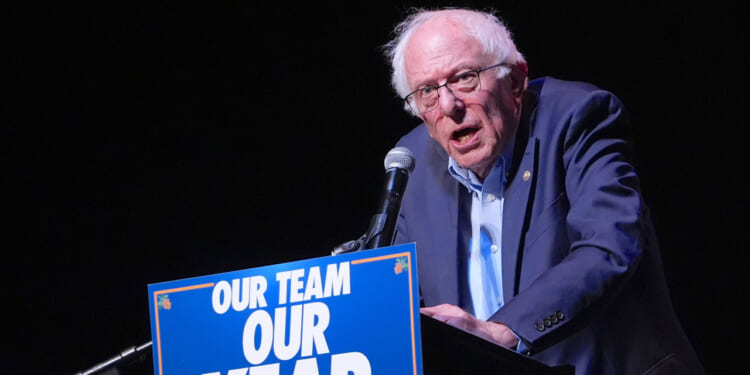 Sen. Bernie Sanders (I-Vermont) addresses the crowd during 'Get Out the Vote (GOTV)' rally at the Kings Theatre in Brooklyn in New York City, United States on June 18, 2026. The rally was held to support a slate of progressive candidates ahead of the New York primary election on June 23. (Photo by Selcuk Acar/Anadolu via Getty Images)
