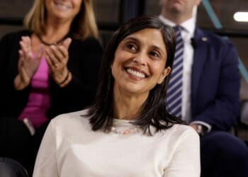 Second Lady Usha Vance listens to her husband Vice President J.D. Vance speak during a visit to the Engineering Design Services Inc. manufacturing facility in Auburn Hills, Michigan, on March 18, 2026.