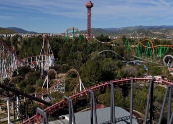An aerial view of Six Flags Magic Mountain in Southern California shows the roller coasters that help the theme park live up to its own billing as "The thrill capital of the world."