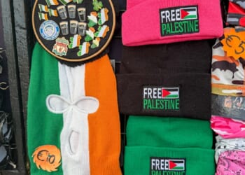 A souvenir stall in Dublin, Ireland, offers "Free Palestine" merchandise for sale in October 2025.