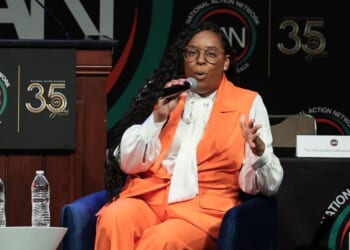 Rep. LaMonica McIver (speaks in a "fireside chat" with Rev. Al Sharpton, President & Founder, National Action Network during the National Action Network annual convention at the Sheraton Times Square on April 8, 2026, in New York City.