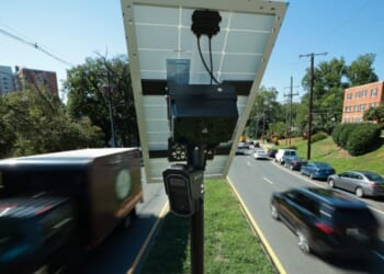 A Flock camera can be viewed above a street in Silver Spring, Maryland on August 19, 2026.