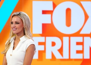 Fox anchor Carley Shimkus speaks during the Zac Brown interview at "Fox & Friends" at Fox News Channel Studios on July 24, 2025, in New York City.