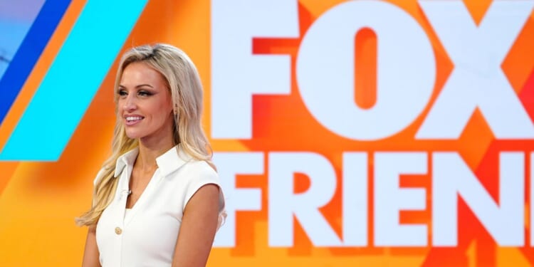 Fox anchor Carley Shimkus speaks during the Zac Brown interview at "Fox & Friends" at Fox News Channel Studios on July 24, 2025, in New York City.