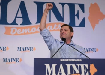 Maine Senate Democratic Nominee Troy Jackson speaks to a crowd after winning the nomination on July 25, 2026.