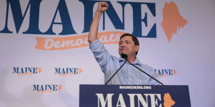 Maine Senate Democratic Nominee Troy Jackson speaks to a crowd after winning the nomination on July 25, 2026.