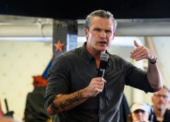 Secretary of War Pete Hegseth appears onstage at a campaign event for Republican candidate for Iowa's 3rd Congressional District Zach Nunn on day five of the Iowa State Fair on Aug. 17, 2026, in Des Moines, Iowa.
