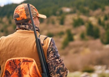 A hunter looks out at an empty field in a remote forest.