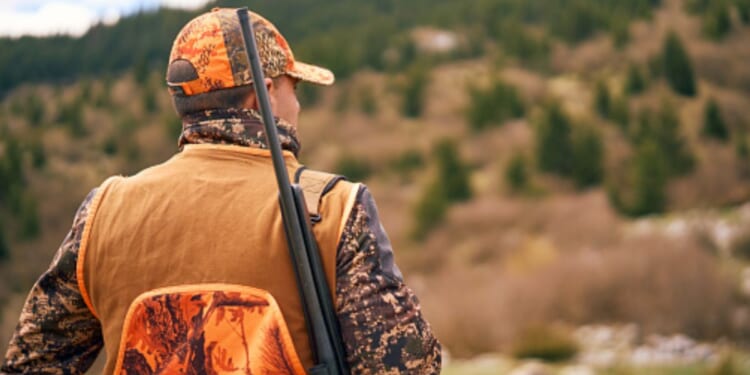 A hunter looks out at an empty field in a remote forest.