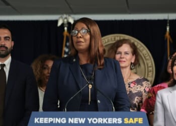 New York Attorney General Letitia James speaks as New York City Mayor Zohran Mamdani and New York Gov. Kathy Hochul listen during a press conference on Immigration and Customs Enforcement actions on Aug. 12, 2026, in New York City.