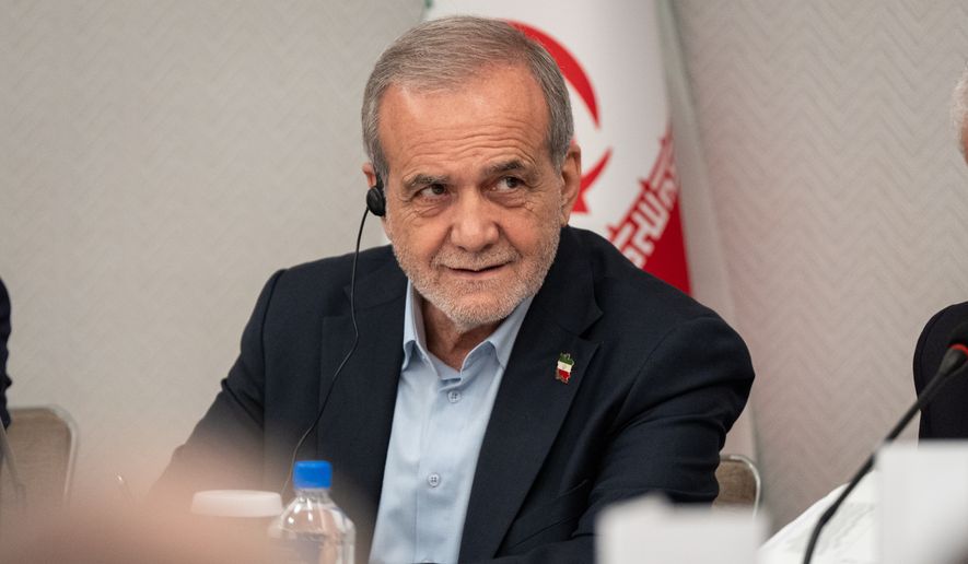 President of Iran Masoud Pezeshkian takes questions from the media during a news conference in New York on Sept. 26, 2025. (AP Photo/Angelina Katsanis, File)