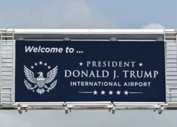 The welcome sign posted outside of the Donald J. Trump International Airport in West Palm Beach, Florida, on July 9, 2026.