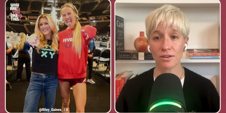 Former collegiate swimmer and activist Riley Gaines with Indiana Fever guard Sophie Cunningham, left; former women's soccer star Megan Rapinoe, right.