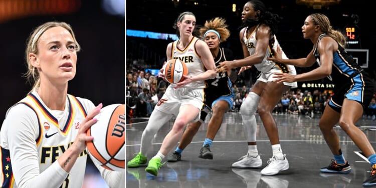 Sophie Cunningham, left, #8 of the Indiana Fever prepares to shoot a free throw and Caitlin Clark, at right, #22 of the Indiana Fever drives to the basket as Te-Hina Paopao #2 and Naz Hillmon #00 of the Atlanta Dream play defense during the overtime Sunday at State Farm Arena in Atlanta, Georgia.