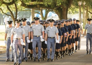 Incoming Citadel freshmen march to have their hair cut at The Citadel, The Military College of South Carolina, on Aug. 19, 2013, in Charleston, South Carolina.