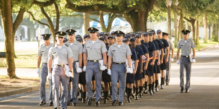 Incoming Citadel freshmen march to have their hair cut at The Citadel, The Military College of South Carolina, on Aug. 19, 2013, in Charleston, South Carolina.