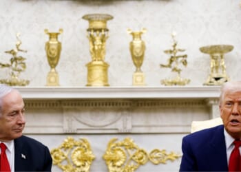 President Donald Trump, accompanied by Israeli Prime Minister Benjamin Netanyahu, speaks during a meeting in the Oval Office of the White House on April 7, 2025, in Washington, D.C.