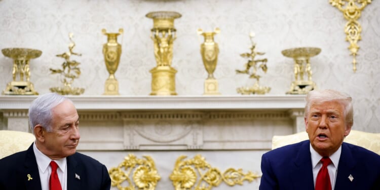 President Donald Trump, accompanied by Israeli Prime Minister Benjamin Netanyahu, speaks during a meeting in the Oval Office of the White House on April 7, 2025, in Washington, D.C.
