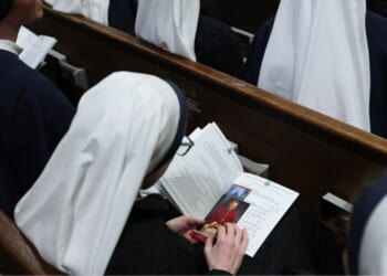 Nuns sit in church pews in St. Patrick’s Cathedral on February 5, 2026.