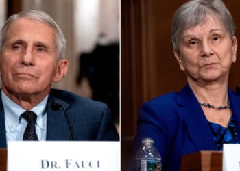 Dr. Anthony Fauci, Director of the National Institute of Allergy and Infectious Diseases, and Janet Woodcock, acting commissioner of the U.S. Food and Drug Administration, testify during a Senate Health, Education, Labor, and Pensions Committee hearing on July 20, 2021, in Washington, D.C.