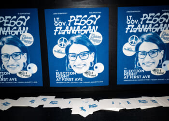 Signage is displayed during a primary election night party for Democratic candidate for U.S. Senate, Minnesota Lt. Gov. Peggy Flanagan.