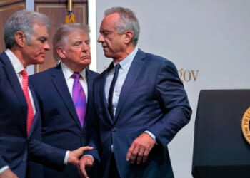Centers for Medicare & Medicaid Services Administrator Mehmet Oz, President Donald Trump, and Health and Human Services Secretary Robert F. Kennedy Jr. hold a news conference about the government prescription drug program TrumpRx.gov in the Eisenhower Executive Office Building on May 18, 2026, in Washington, D.C.
