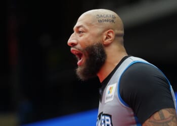 Royce White of the Power in the BIG3 basketball league celebrates during a game in Comerica Center in Frisco, Texas, August. 6, 2026.